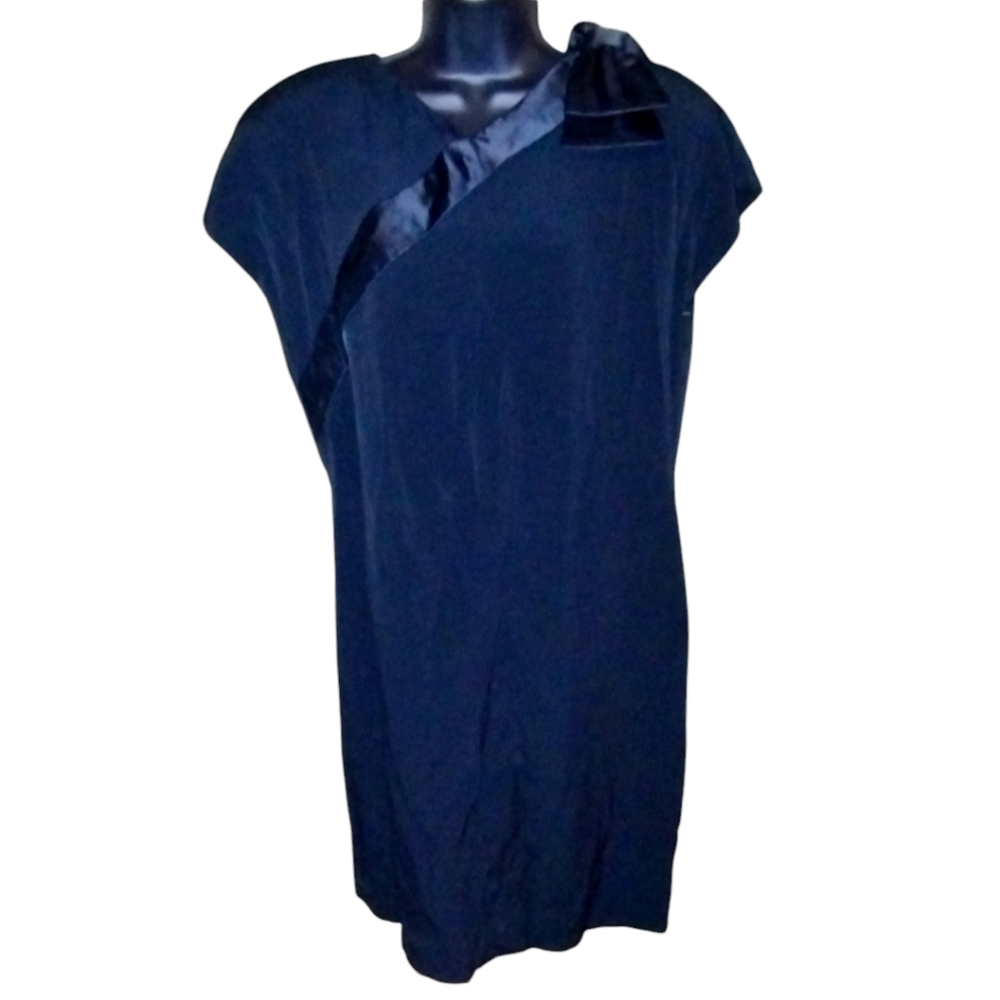 Adele Simpson vintage black formal shift dress with satin like trim